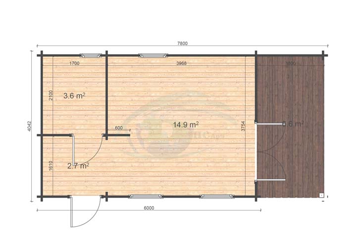 Trehytte Rico (4,04m x 7,8m), 44mm