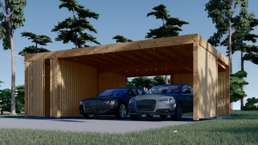 Carport for to biler med bod og sidevegg, LUNA DUO F PLUS, 7,6 x 5,6 m