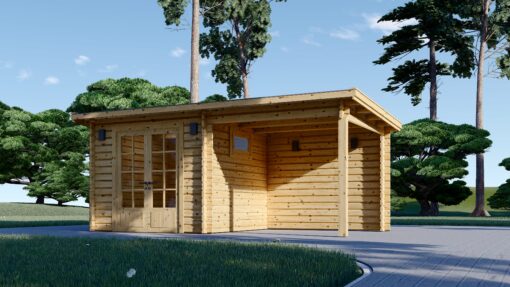 Redskapsbod med terrasse LARISSA (28 mm), 7 m² + 7 m²