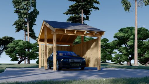 Carport i tre med L-formet vegg LUNA, 3,2 x 6 m
